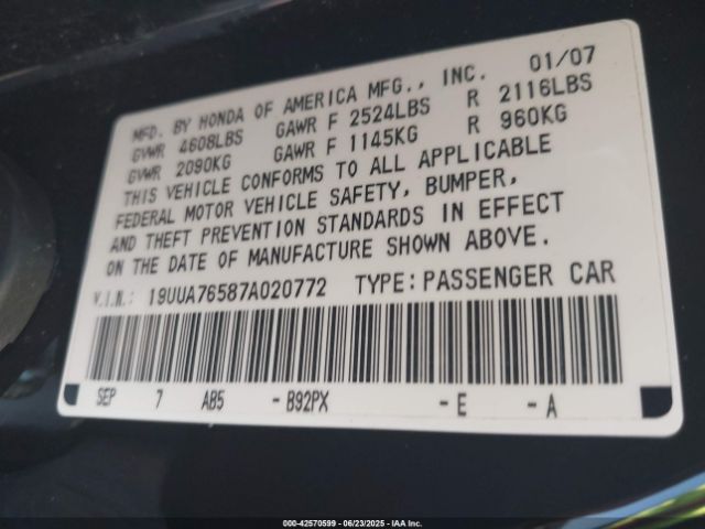 2007 ACURA TL 19UUA76587A020772 Photo 8