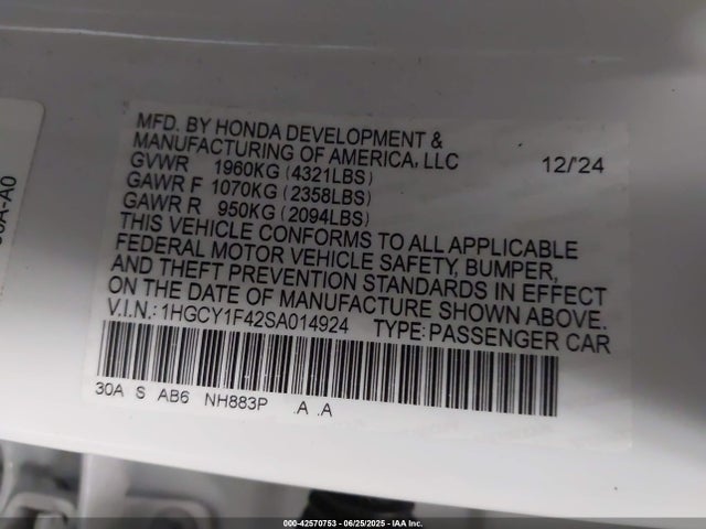 1HGCY1F42SA014924 Honda l15be