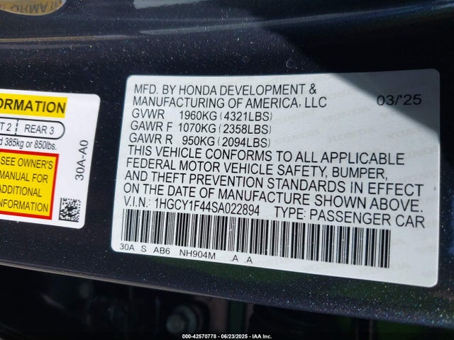 Honda l15be 2025 1HGCY1F44SA022894 Image 9