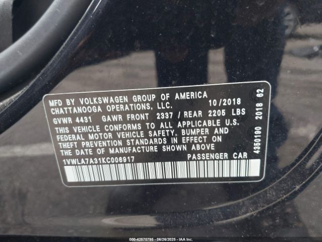 2019 VOLKSWAGEN PASSAT 1VWLA7A31KC006917 Photo 8