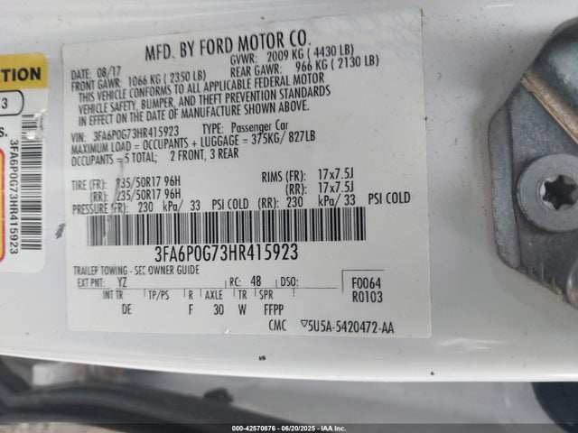 Продажа на аукционе авто 2017 Ford Fusion S, vin: 3FA6P0G73HR415923, номер лота: 42570876