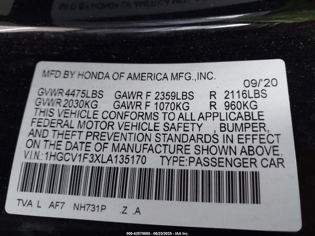 1HGCV1F3XLA135170 Honda l15be