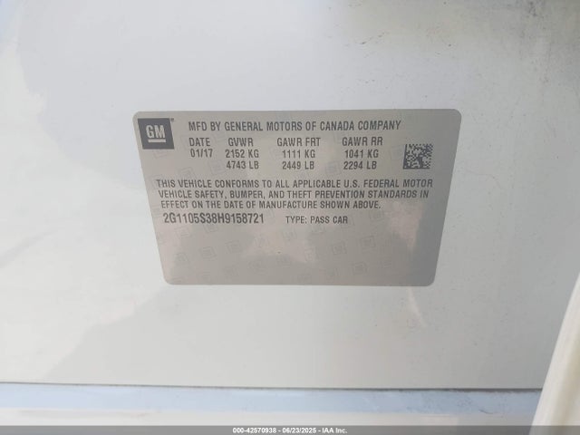 2G1105S38H9158721 Chevrolet lfx - sidi: spark ignited direct injection, vvt, e85 max, alum