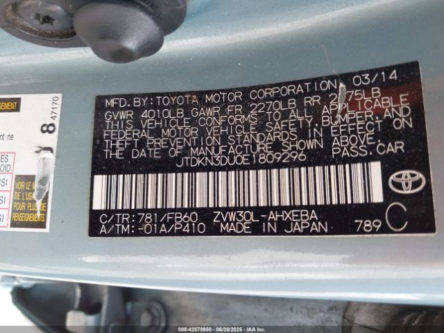 2014 TOYOTA PRIUS JTDKN3DU0E1809296 Photo 8