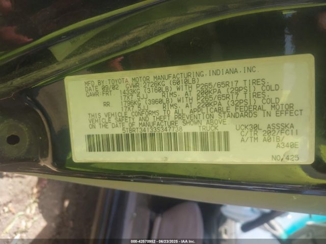 2003 TOYOTA TUNDRA 5TBRT34133S347738 Photo 8