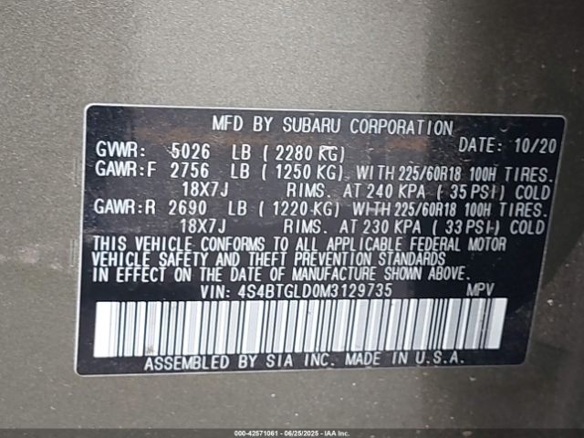 2021 SUBARU OUTBACK 4S4BTGLD0M3129735 Photo 8