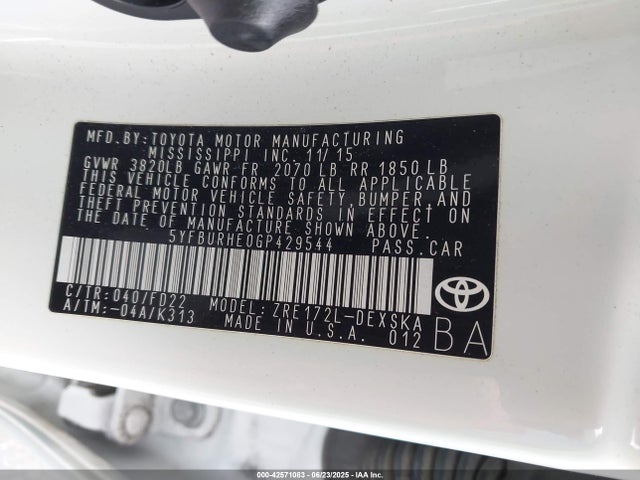 5YFBURHE0GP429544 Toyota 2zr-fe