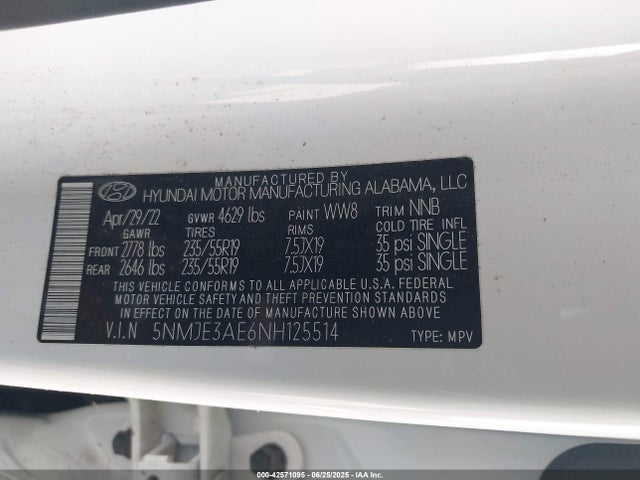 5NMJE3AE6NH125514 Hyundai gdi theta iii
