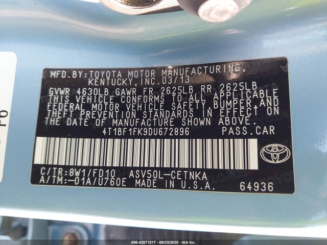 Aukcja sprzedaży 2013 Toyota Camry Le, vin: 4T1BF1FK9DU672896, numer aukcji: 42571217