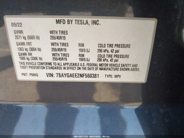 2022 TESLA MODEL Y 7SAYGAEE2NF560381 Photo 8