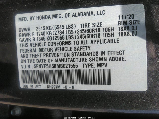 5FNYF5H58MB021555 Honda j35y6