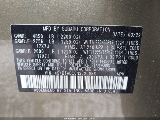 2022 SUBARU OUTBACK 4S4BTADC0N3220086 Photo 8