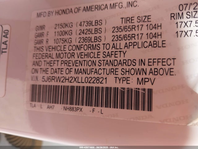 5J6RW2H2XLL022821 Honda l15be