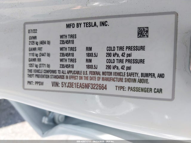 Tesla MODEL 3 2022 5YJ3E1EA5NF322664 Image 9