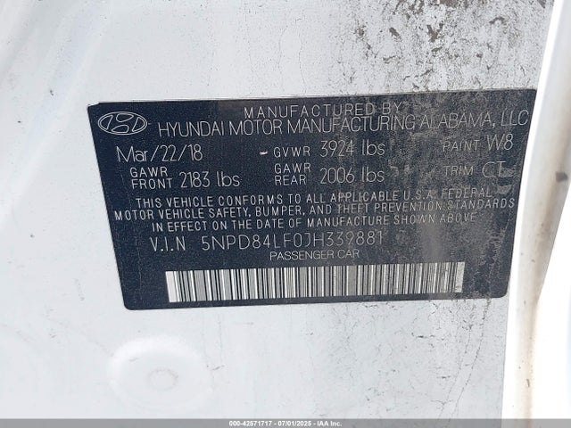 5NPD84LF0JH339881 Hyundai mpi nu