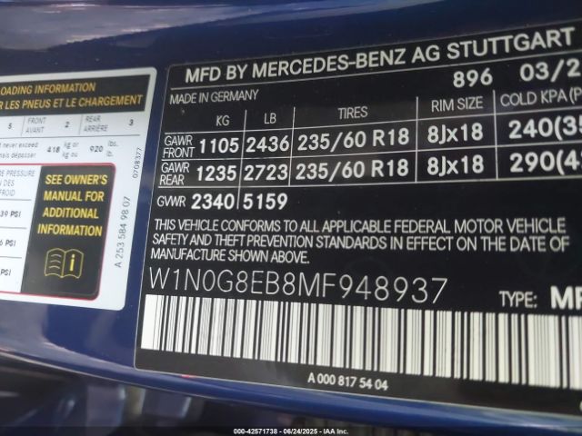 2021 MERCEDES-BENZ GLC 300 W1N0G8EB8MF948937 Photo 8