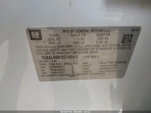 1GNALAEK7EZ100411 Chevrolet lea - flex fuel (gas/alc), aluminum, high output