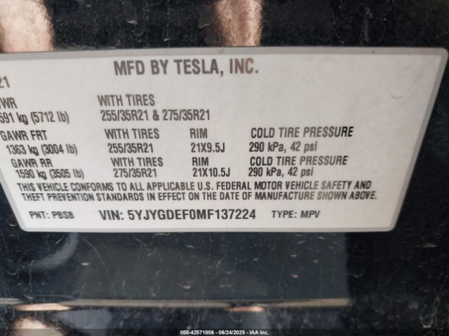 2021 TESLA MODEL Y 5YJYGDEF0MF137224 Photo 8