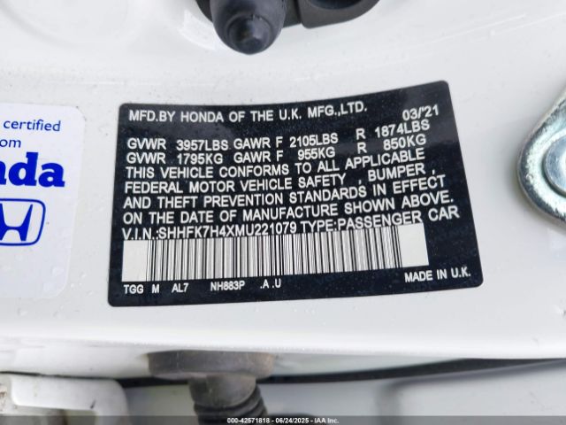 2021 HONDA CIVIC SHHFK7H4XMU221079 Photo 8