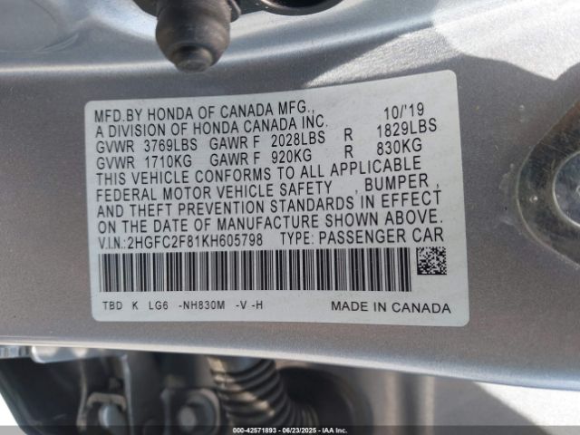 2019 HONDA CIVIC 2HGFC2F81KH605798 Photo 8