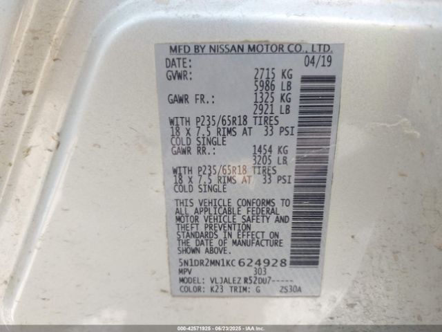 5N1DR2MN1KC624928 Nissan Pathfinder