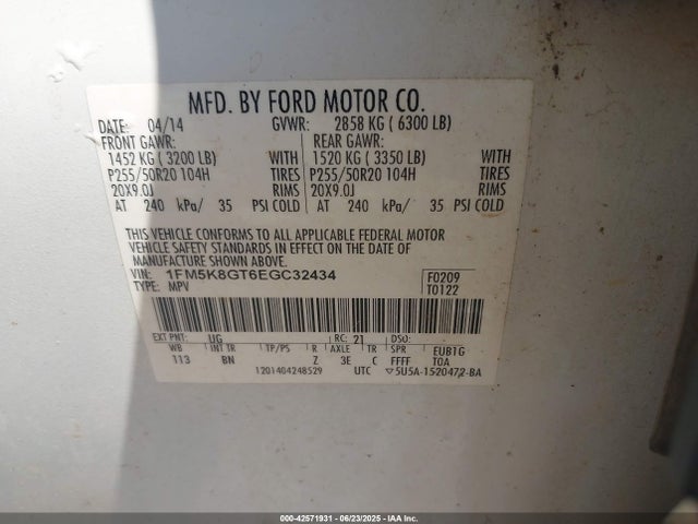 1FM5K8GT6EGC32434 Ford 2014
