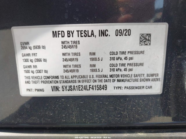 2020 TESLA MODEL S 5YJSA1E24LF415849 Photo 8