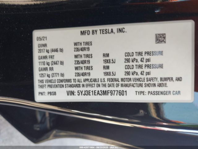 2021 TESLA MODEL 3 5YJ3E1EA3MF977601 Photo 8