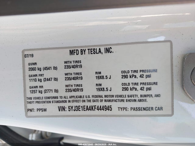 2019 TESLA MODEL 3 5YJ3E1EA4KF444945 Photo 8