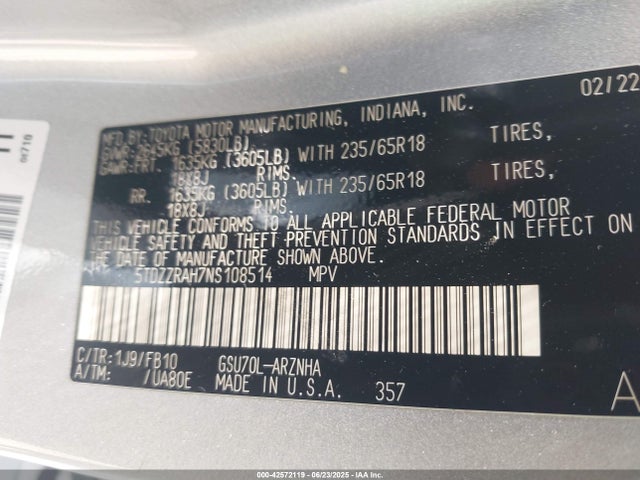 5TDZZRAH7NS108514 Toyota 2gr-fks