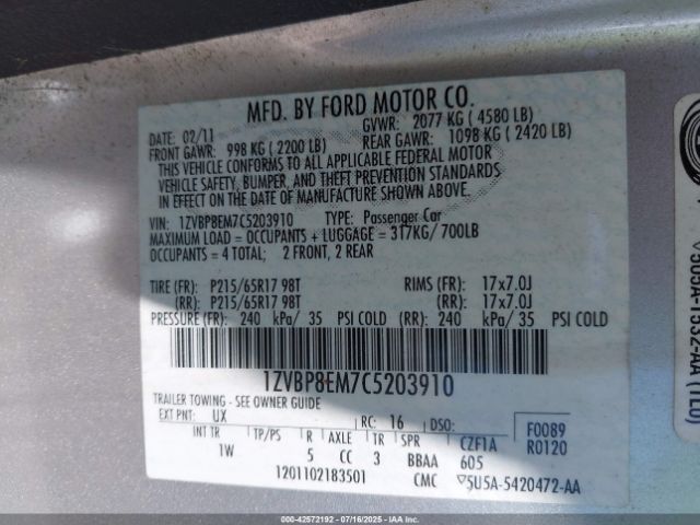 2012 FORD MUSTANG 1ZVBP8EM7C5203910 Photo 8