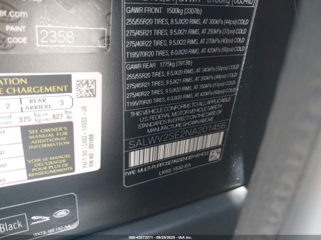 SALWV2SE2NA201456 Land Rover aj133 s/c