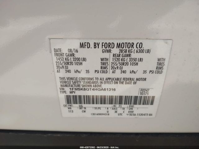 1FM5K8GT4HGA61316 Ford 3.5l gtdi