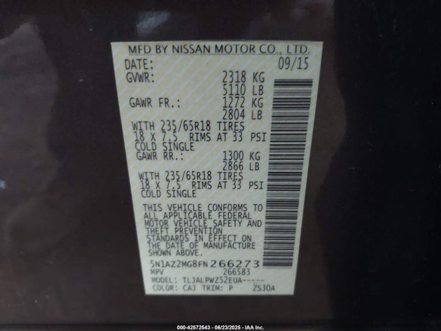 5N1AZ2MG8FN266273 Nissan 2015