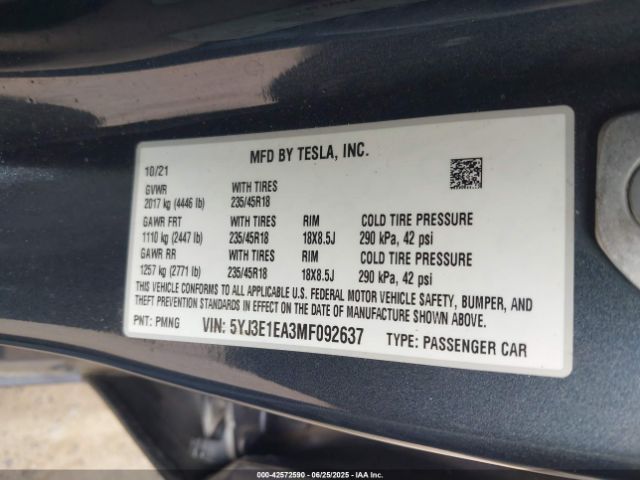 2021 TESLA MODEL 3 5YJ3E1EA3MF092637 Photo 8