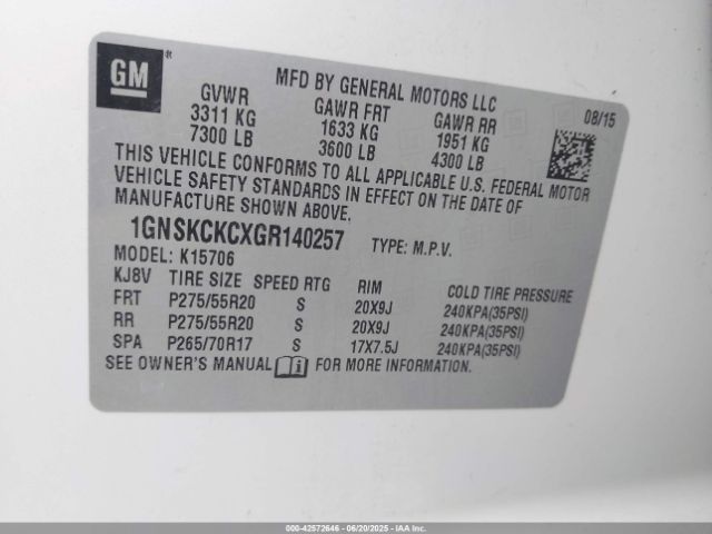 1GNSKCKCXGR140257 Chevrolet l83 - sidi, vvt, afm, e85 max, aluminum