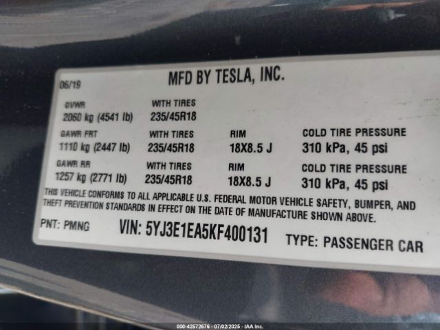 2019 TESLA MODEL 3 5YJ3E1EA5KF400131 Photo 8