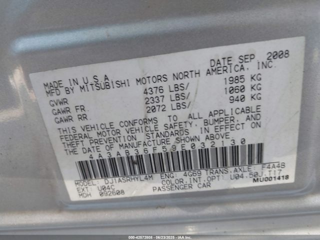 2009 MITSUBISHI GALANT 4A3AB36F59E032130 Photo 8