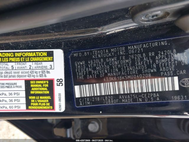 2021 TOYOTA CAMRY 4T1K61BK5MU040208 Photo 8