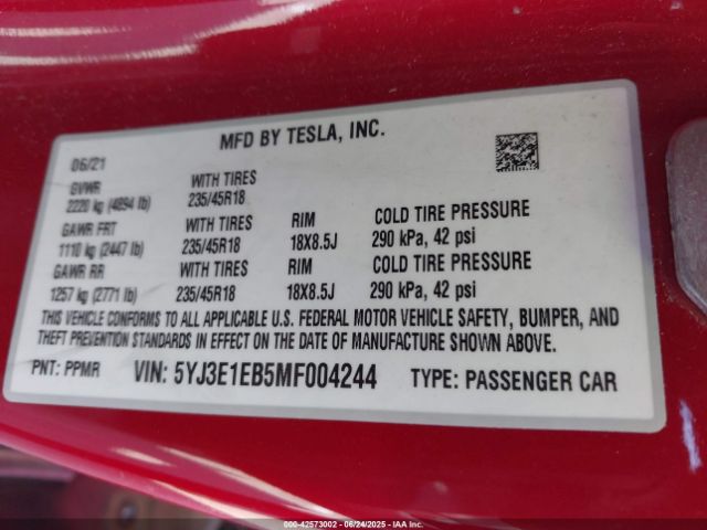 2021 TESLA MODEL 3 5YJ3E1EB5MF004244 Photo 8