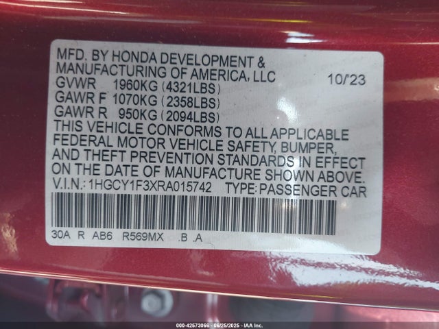 1HGCY1F3XRA015742 Honda l15be