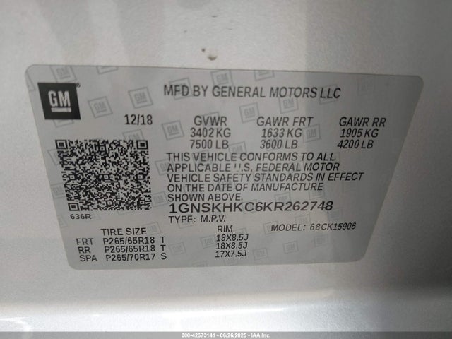 1GNSKHKC6KR262748 Chevrolet l83 - sidi: spark ignited direct injection, vvt: variable valve timing, afm, e85 max, alum