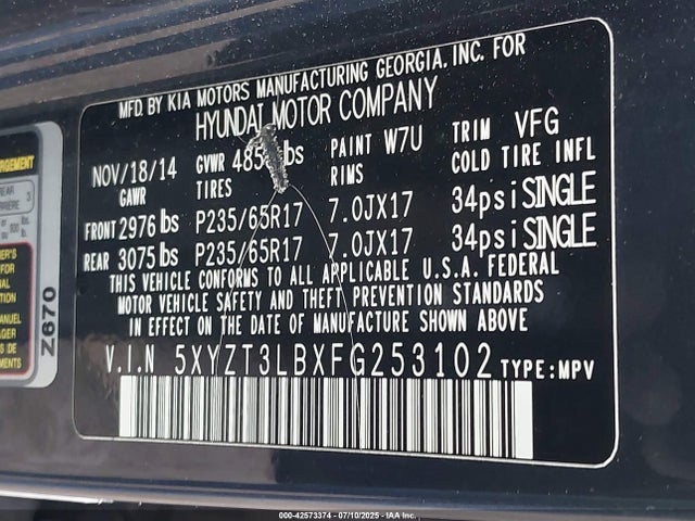 5XYZT3LBXFG253102 Hyundai dohc gdi theta ii