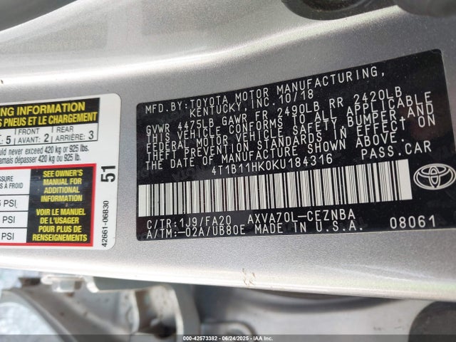 4T1B11HK0KU184316 Toyota a25a-fks