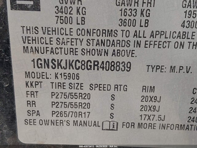 1GNSKJKC8GR408839 Chevrolet l83 - sidi, vvt, afm, e85 max, aluminum