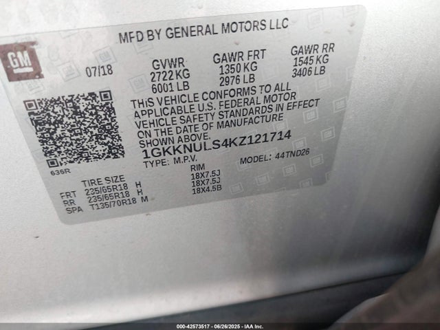 1GKKNULS4KZ121714 GMC lgx - direct injection, variable valve timing, alum, gen 2