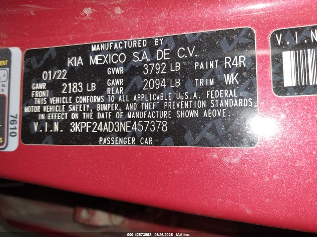 3KPF24AD3NE457378 KIA mpi nu