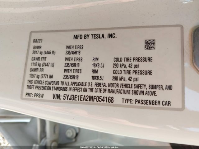 2021 TESLA MODEL 3 5YJ3E1EA2MF054168 Photo 8