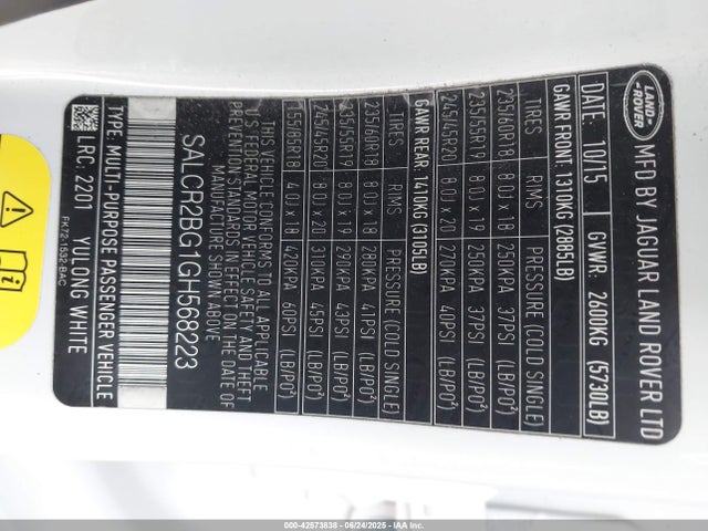 SALCR2BG1GH568223 Land Rover gtdi lev3 sulev30