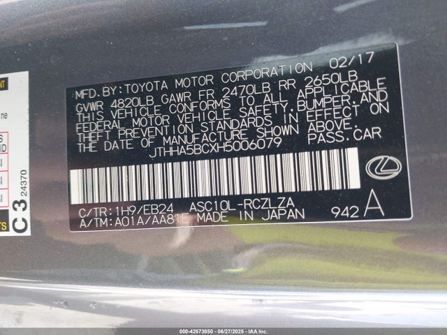 Lexus 8ar-fts 2017 JTHHA5BCXH5006079 Image 9